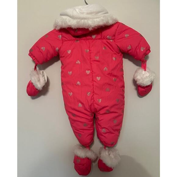 NWT Absorba Pink Heart Faux Fur Lined 3 Piece Set Hooded Snowsuit Sz 3-6M - Picture 2 of 10
